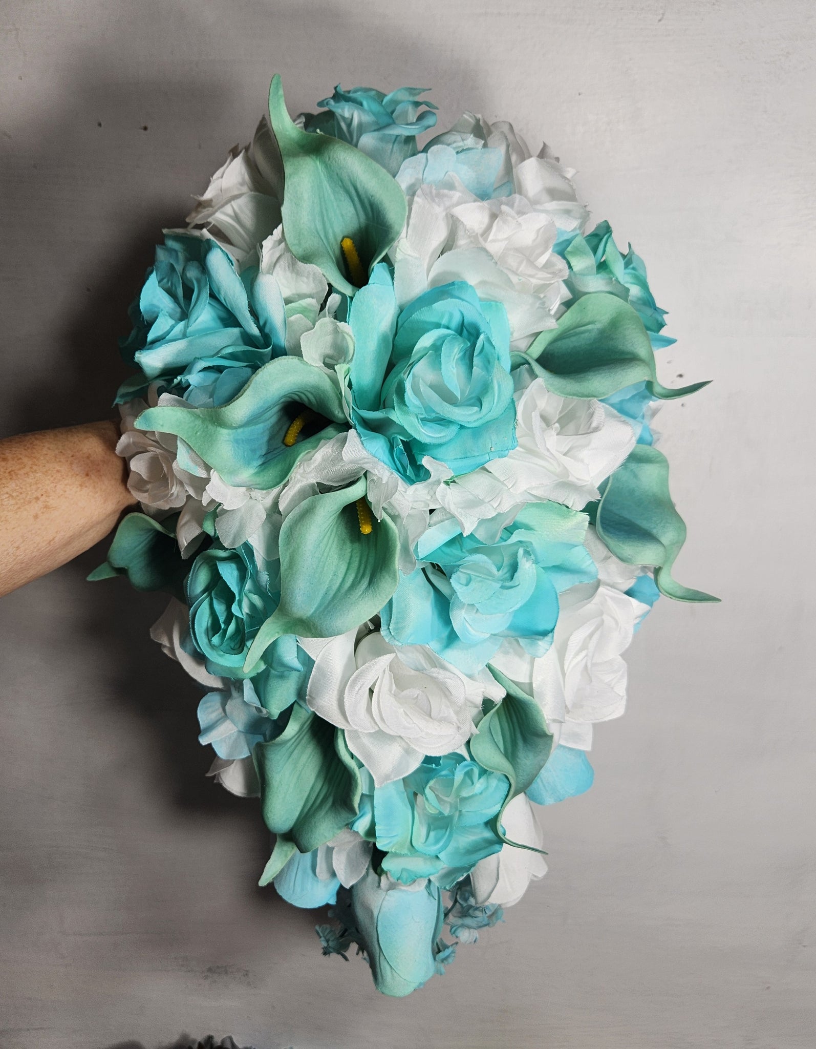 calla lily and white rose wedding bouquet Aqua Tiffany White Rose Calla Lily Bridal Wedding Bouquet Accessories – Bridal Wedding Bouquets