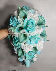 Aqua Tiffany White Rose Calla Lily Bridal Wedding Bouquet Accessories