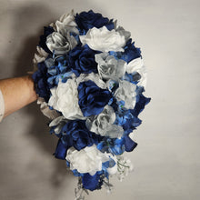 Load image into Gallery viewer, Navy Blue Silver White Rose Bridal Wedding Bouquet Accessories