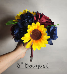 Burgundy Navy Blue Sunflower Bridal Wedding Bouquet Accessories
