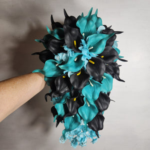 Teal Black Calla Lily Bridal Wedding Bouquet Accessories