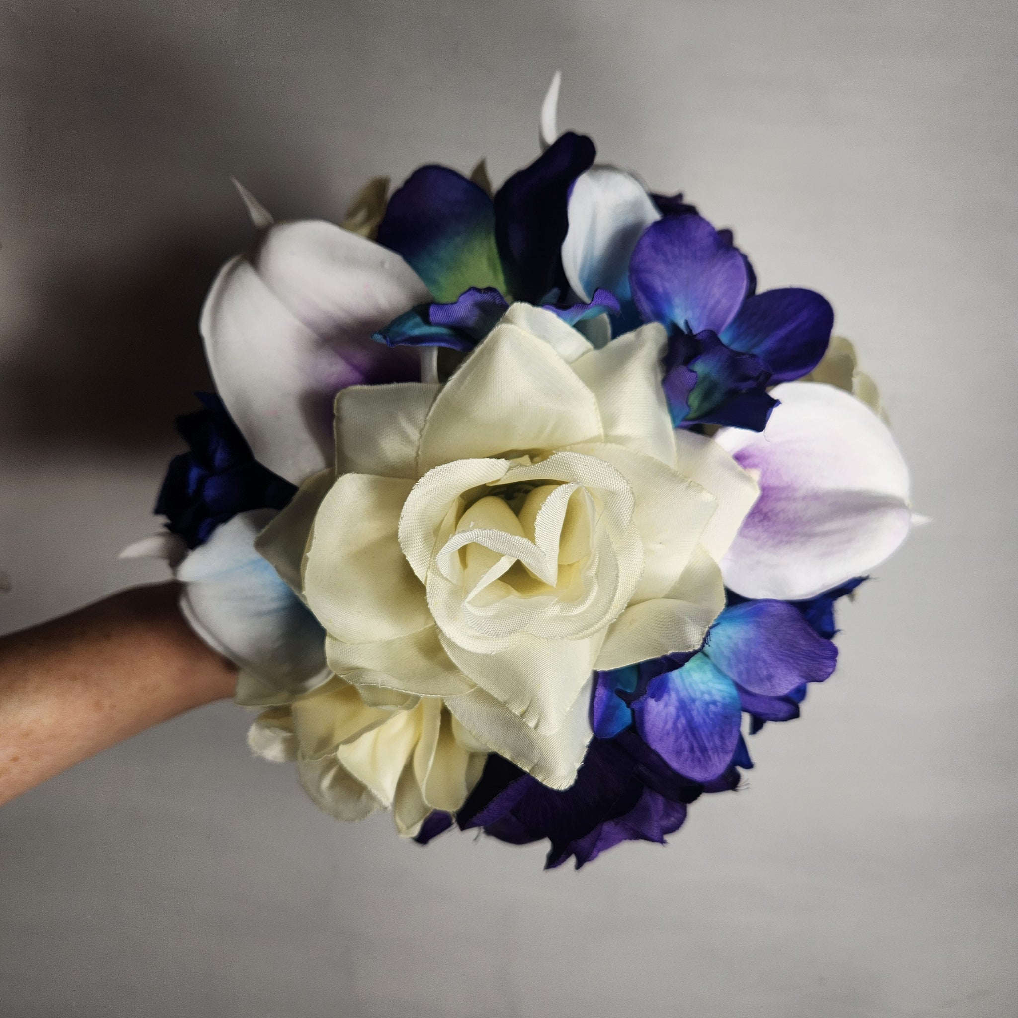 white lily and blue orchid bouquet Purple Royal Blue Ivory Rose Calla Lily Orchid Bridal Wedding Bouquet – Bridal Wedding Bouquets