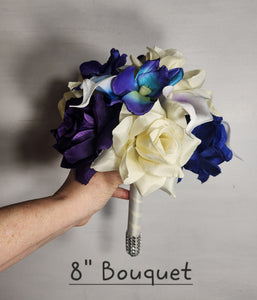 Purple Royal Blue Ivory Rose Calla Lily Orchid Bridal Wedding Bouquet Accessories