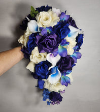 Load image into Gallery viewer, Purple Royal Blue Ivory Rose Calla Lily Orchid Bridal Wedding Bouquet Accessories