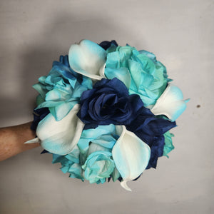 Aqua Navy Blue Rose Calla Lily Bridal Wedding Bouquet Accessories