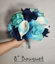Load image into Gallery viewer, Aqua Navy Blue Rose Calla Lily Bridal Wedding Bouquet Accessories