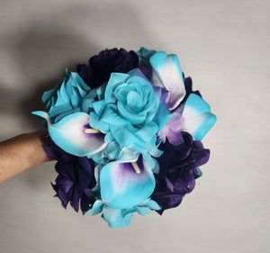 Turquoise Purple Rose Calla Lily Bridal Wedding Bouquet Accessories