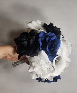Navy Blue Black White Rose Calla Lily Bridal Wedding Bouquet Accessories