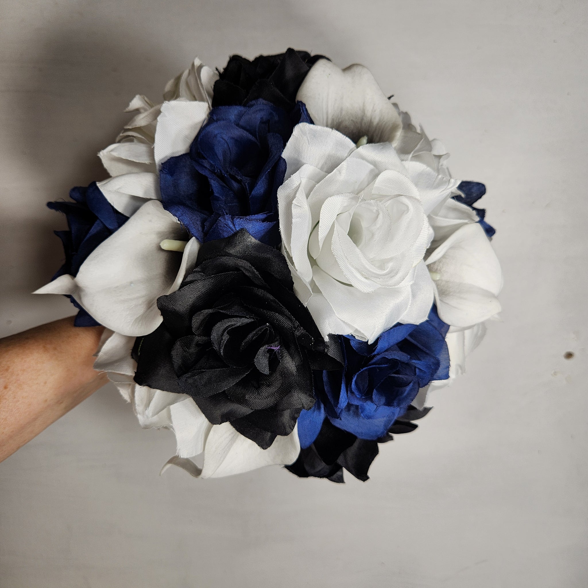 white calla lily and blue rose bouquet White & Navy Centred Calla Lilies With Roses Adult Bridesmaid Bouquet