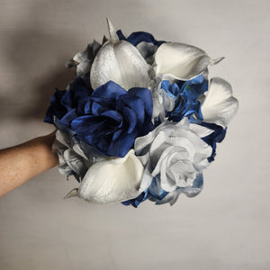 Navy Blue Grey White Rose Calla Lily Bridal Wedding Bouquet Accessories