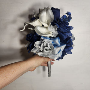 Navy Blue Grey White Rose Calla Lily Bridal Wedding Bouquet Accessories