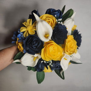 Yellow Navy Blue Rose Calla Lily Bridal Wedding Bouquet Accessories