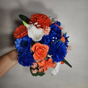 Coral Royal Blue Rose Calla Lily Real Touch Bridal Wedding Bouquet Accessories