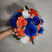 Load image into Gallery viewer, Coral Royal Blue Rose Calla Lily Real Touch Bridal Wedding Bouquet Accessories