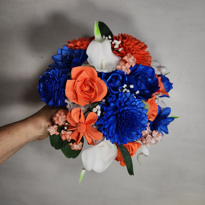 Coral Royal Blue Rose Calla Lily Real Touch Bridal Wedding Bouquet Accessories