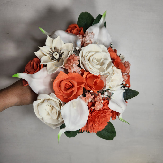 Coral Ivory Rose Calla Lily Sola Bridal Wedding Bouquet Accessories