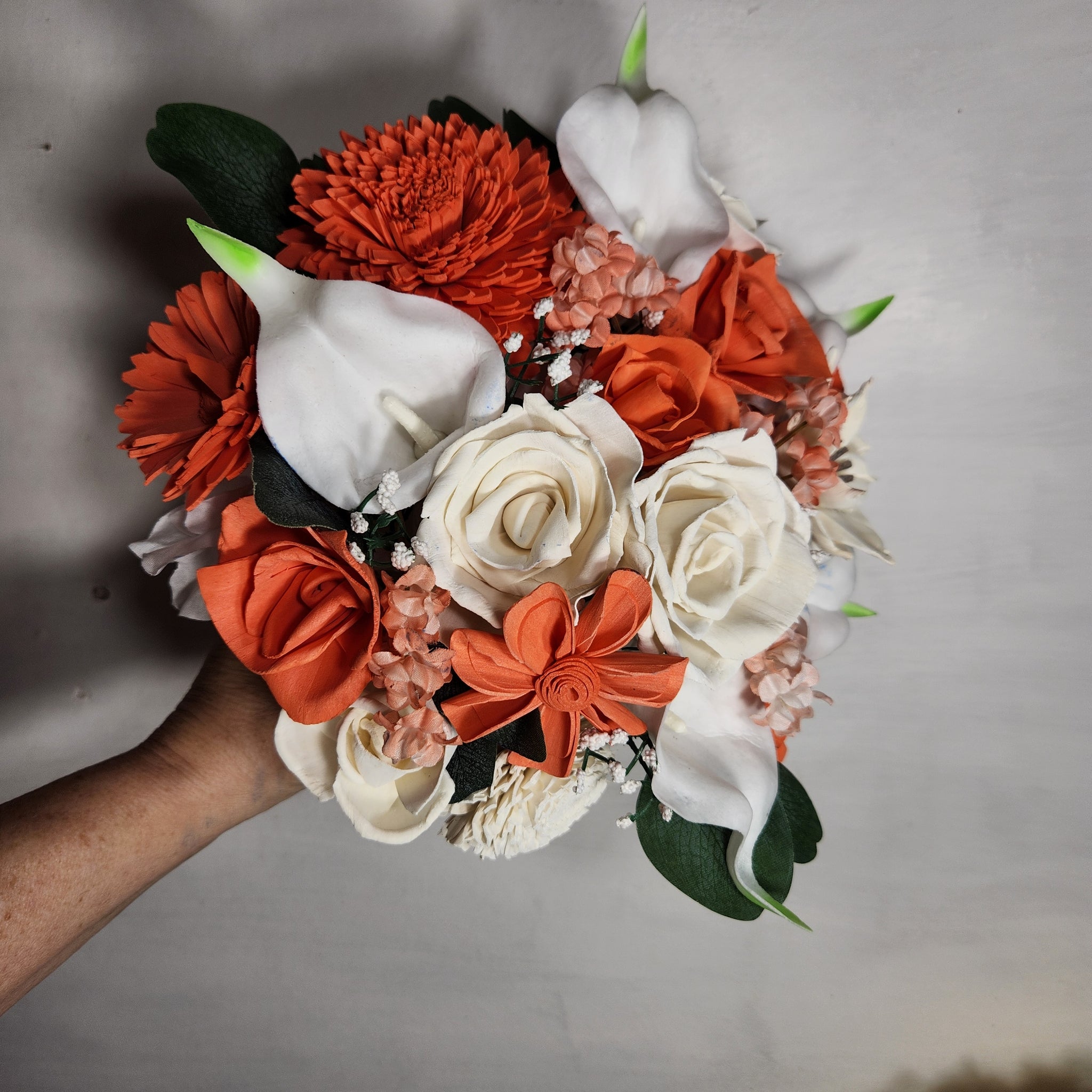 orange and white calla lily bouquet Coral Ivory Rose Calla Lily Sola Wood Bridal Wedding Bouquet Accessori – Bridal Wedding Bouquets