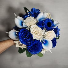 Load image into Gallery viewer, Royal Blue Ivory Rose Call Lily Real Touch Bridal Wedding Bouquet Accessories