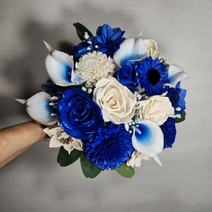 Royal Blue Ivory Rose Call Lily Real Touch Bridal Wedding Bouquet Accessories