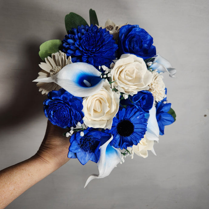 Royal Blue Ivory Rose Call Lily Real Touch Bridal Wedding Bouquet Accessories