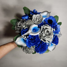 Load image into Gallery viewer, Royal Blue Silver Rose Calla Lily Real Touch Bridal Wedding Bouquet Accessories