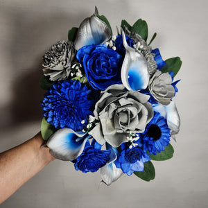 Royal Blue Silver Rose Calla Lily Real Touch Bridal Wedding Bouquet Accessories
