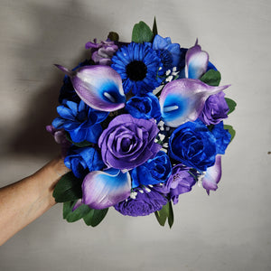 Purple Royal Blue Rose Call Lily Real Touch Bridal Wedding Bouquet Accessories
