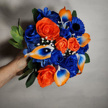 Load image into Gallery viewer, Orange Royal Blue Rose Calla Lily Real Touch Bridal Wedding Bouquet Accessories