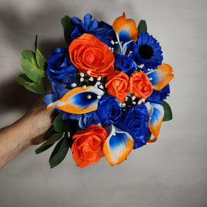 Orange Royal Blue Rose Calla Lily Real Touch Bridal Wedding Bouquet Accessories