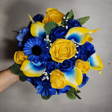 Load image into Gallery viewer, Yellow Royal Blue Rose Calla Lily Real Touch Bridal Wedding Bouquet Accessories