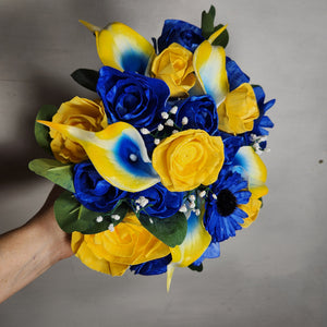 Yellow Royal Blue Rose Calla Lily Real Touch Bridal Wedding Bouquet Accessories