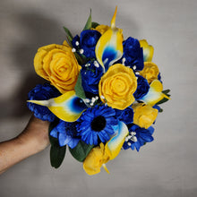 Load image into Gallery viewer, Yellow Royal Blue Rose Calla Lily Real Touch Bridal Wedding Bouquet Accessories