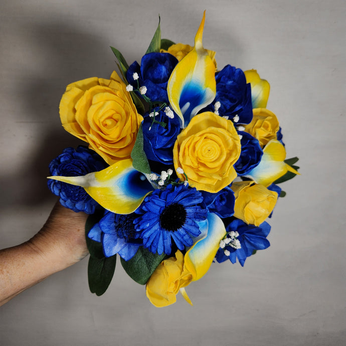 Yellow Royal Blue Rose Calla Lily Real Touch Bridal Wedding Bouquet Accessories