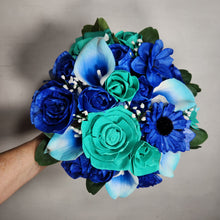 Load image into Gallery viewer, Aqua Royal Blue Rose Calla Lily Real Touch Bridal Wedding Bouquet Accessories
