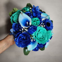 Load image into Gallery viewer, Aqua Royal Blue Rose Calla Lily Real Touch Bridal Wedding Bouquet Accessories