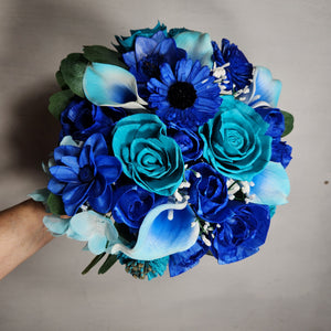 Teal Royal Blue Rose Calla Lily Real Touch Bridal Wedding Bouquet Accessories