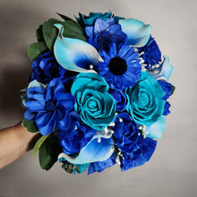 Load image into Gallery viewer, Teal Royal Blue Rose Calla Lily Real Touch Bridal Wedding Bouquet Accessories
