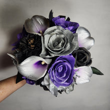 Load image into Gallery viewer, Purple Silver Black Rose Calla Lily Real Touch Bridal Wedding Bouquet Accessories