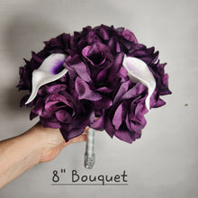 Load image into Gallery viewer, Eggplant Rose Calla Lily Bridal Wedding Bouquet Accessories