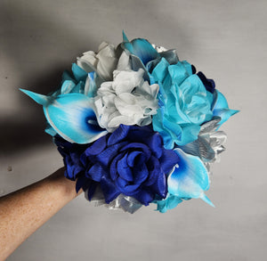 Turquoise Silver White Royal Blue Rose Calla Lily Bridal Wedding Bouquet Accessories