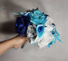 Load image into Gallery viewer, Turquoise Silver White Royal Blue Rose Calla Lily Bridal Wedding Bouquet Accessories
