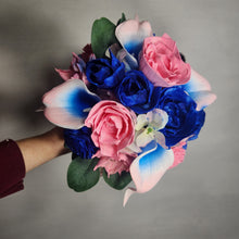 Load image into Gallery viewer, Pink Royal Blue Rose Calla Lily Sola Wood Bridal Wedding Bouquet Accessories
