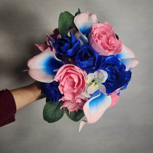 Pink Royal Blue Rose Calla Lily Sola Wood Bridal Wedding Bouquet Accessories