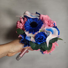 Load image into Gallery viewer, Pink Royal Blue Rose Calla Lily Sola Wood Bridal Wedding Bouquet Accessories