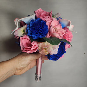 Pink Royal Blue Rose Calla Lily Sola Wood Bridal Wedding Bouquet Accessories