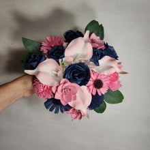 Load image into Gallery viewer, Pink Navy Blue Rose Calla Lily Real Touch Bridal Wedding Bouquet Accessories