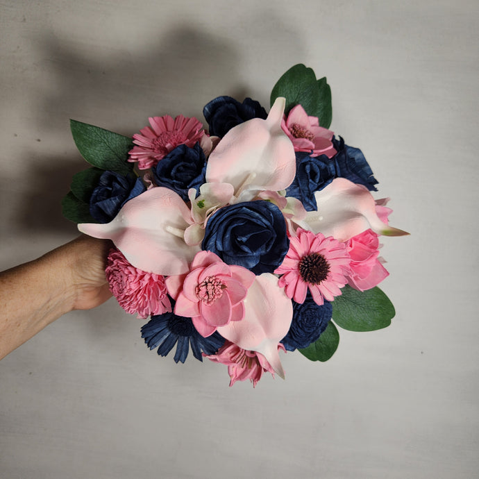 Pink Navy Blue Rose Calla Lily Real Touch Bridal Wedding Bouquet Accessories