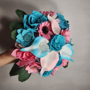 Pink Turquoise Rose Calla Lily Real Touch Bridal Wedding Bouquet Accessories
