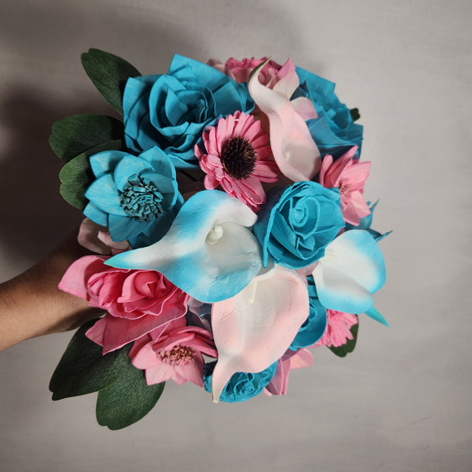 Pink Teal Rose Calla Lily Real Touch Bridal Wedding Bouquet Accessories