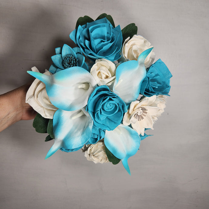 Turquoise Ivory Rose Real Touch Bridal Wedding Bouquet Accessories